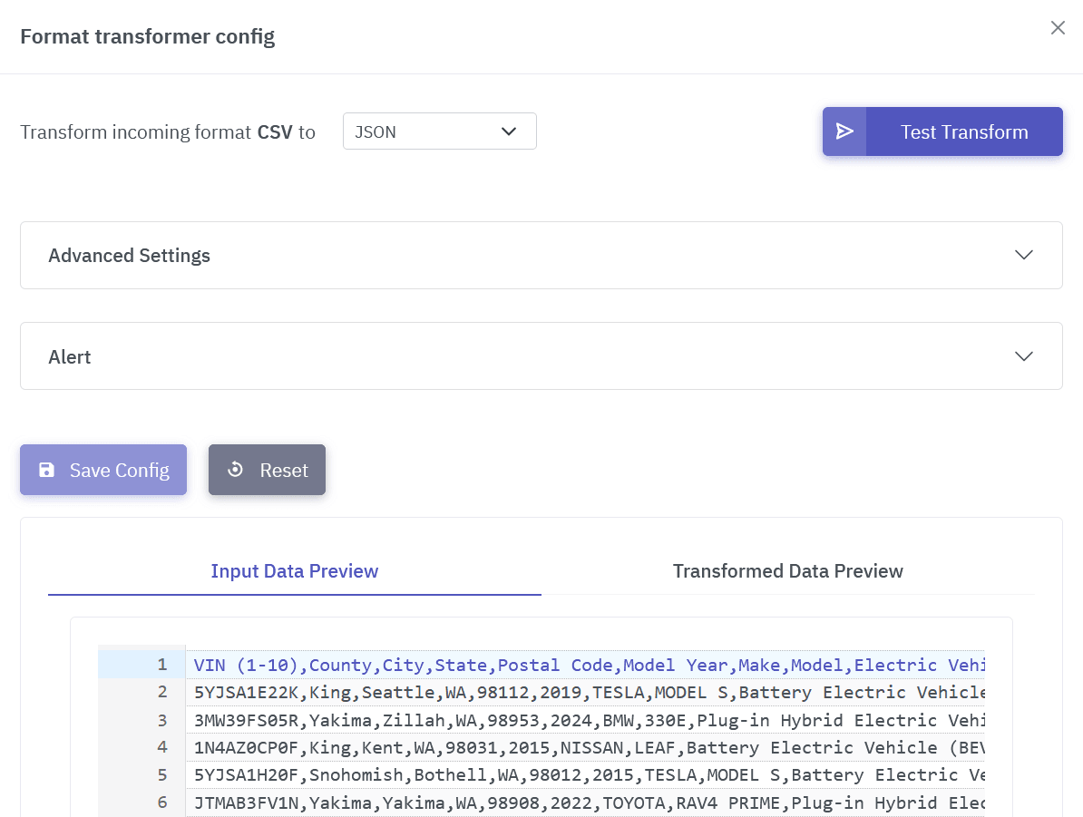 JSON, CSV, XML Format Transformer Configuration