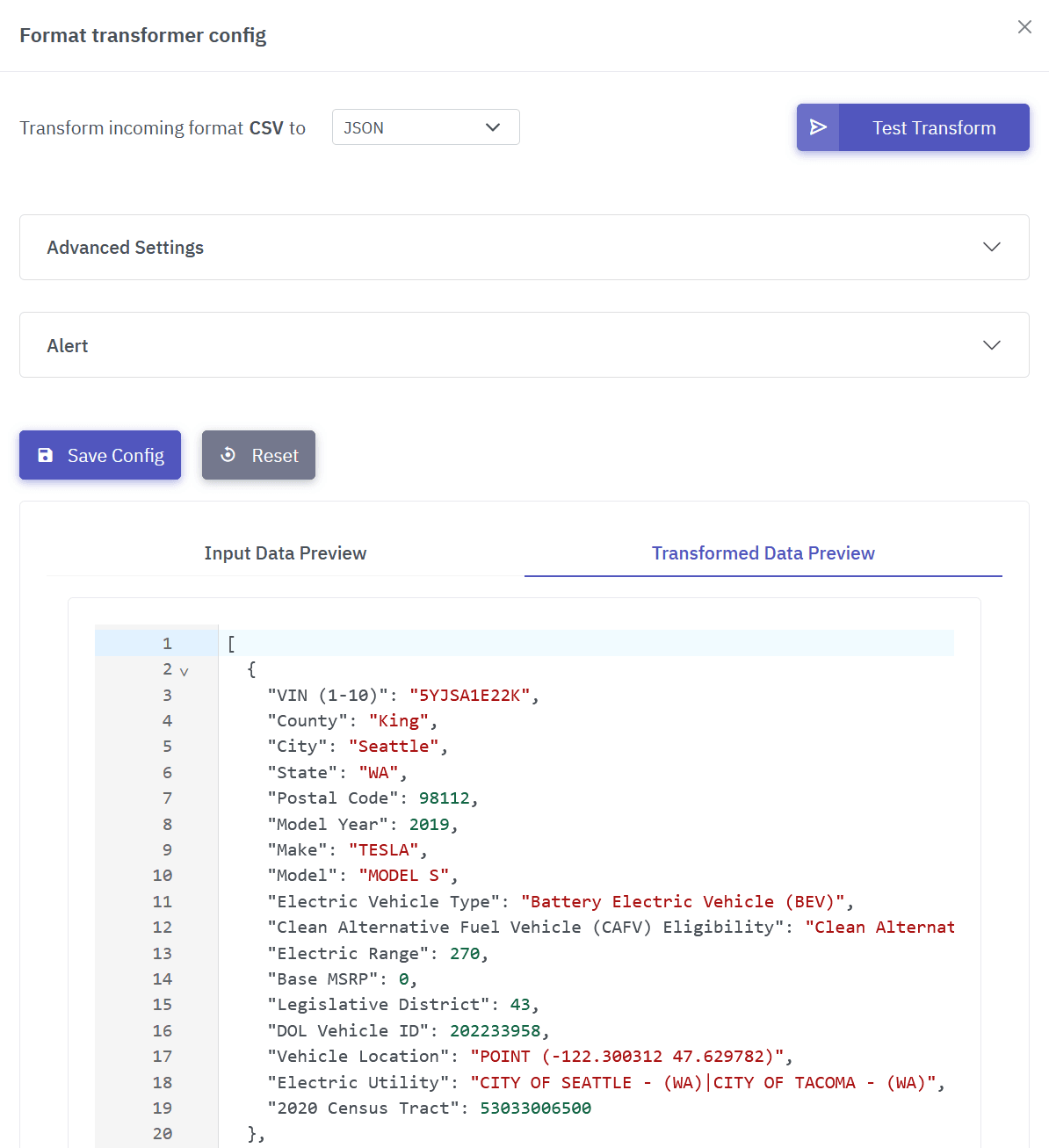 JSON, CSV, XML Format Transformer Result Preview